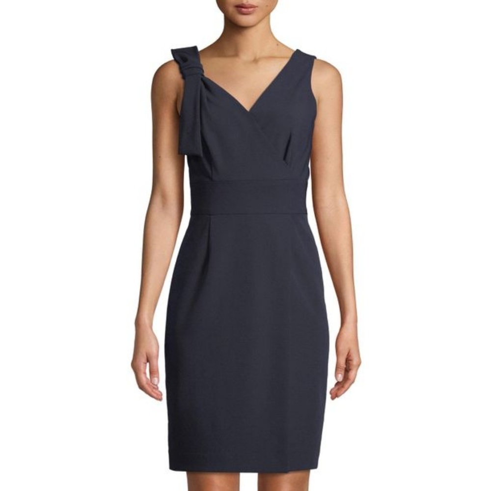 Tahari Navy V-Neck Sheath Dress with Shoulder Bow